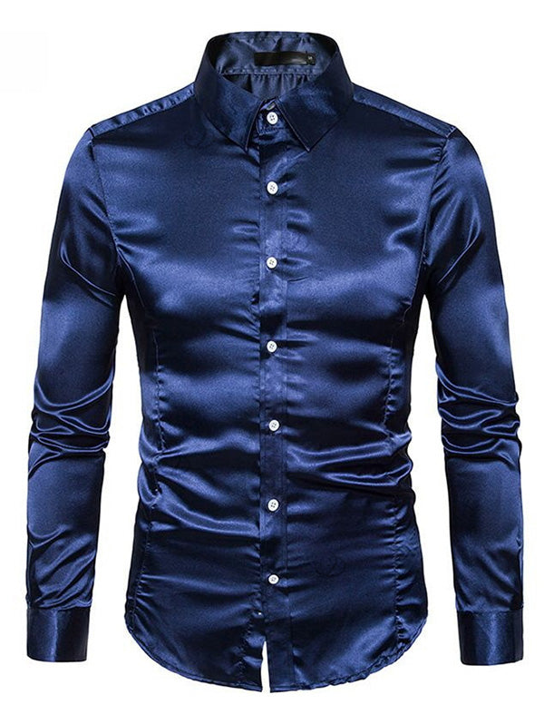 Men's Shiny Solid Color Long Sleeve Button Up Party Shirt