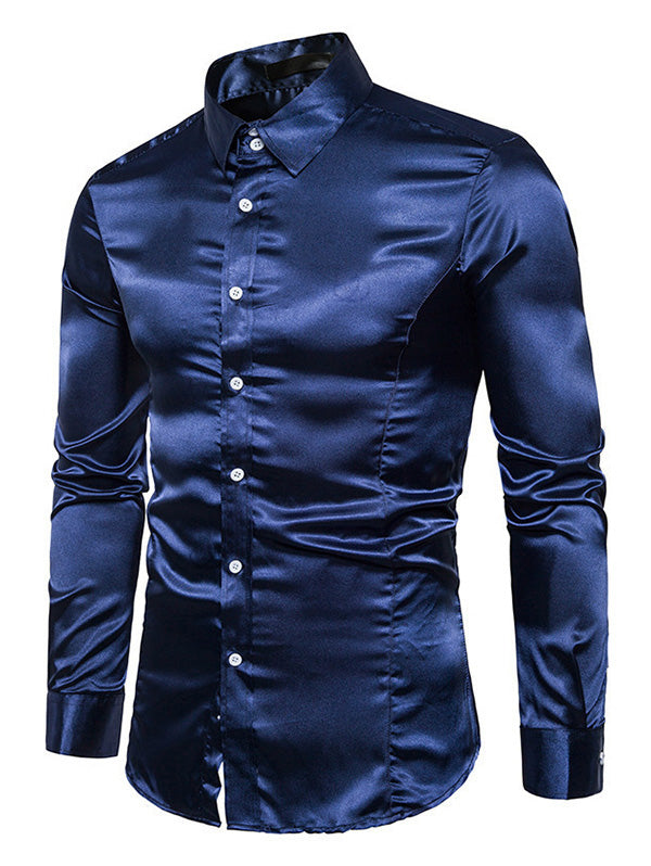 Men's Shiny Solid Color Long Sleeve Button Up Party Shirt