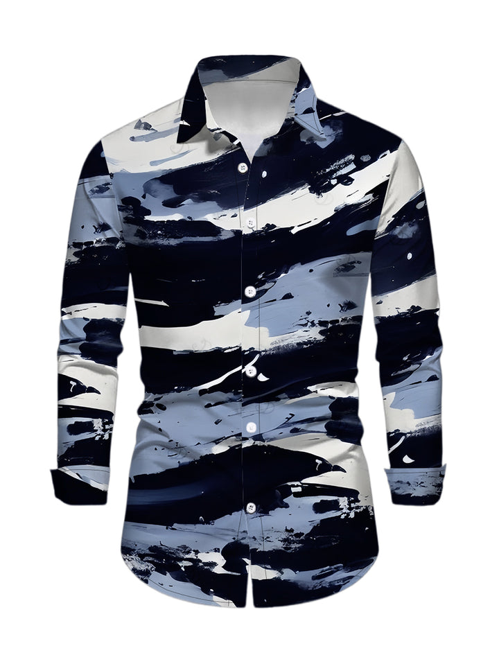 Men's Artistic Ink Wash Brush Stroke Print Long Sleeve Button Up Shirt