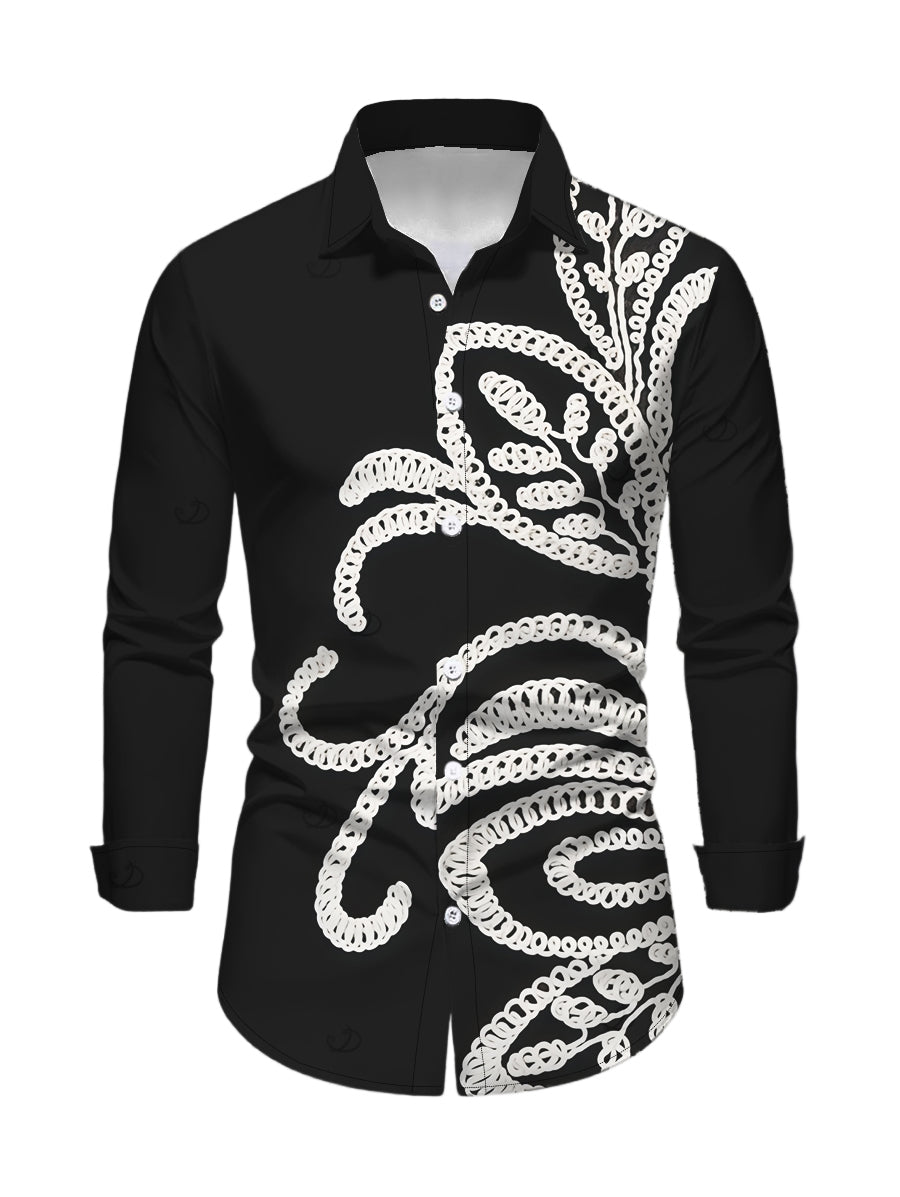 Men's Vintage Crochet Hollow Out Pattern Long Sleeve Button Up Shirt