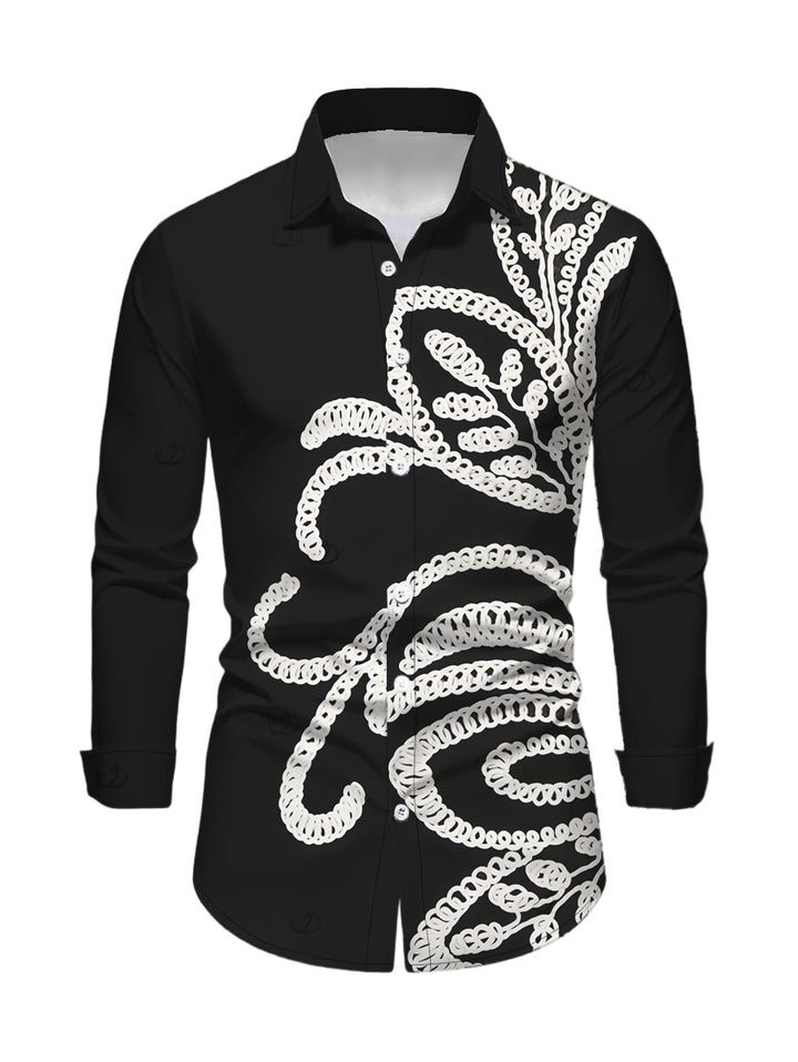 Men's Vintage Crochet Hollow Out Pattern Long Sleeve Button Up Shirt