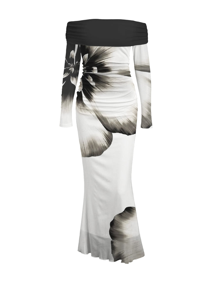 Ink Panting Floral Print Off the Shoulder Ruched Mesh Panel Bodycon Elegant Party Dress
