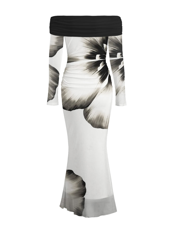 Ink Panting Floral Print Off the Shoulder Ruched Mesh Panel Bodycon Elegant Party Dress