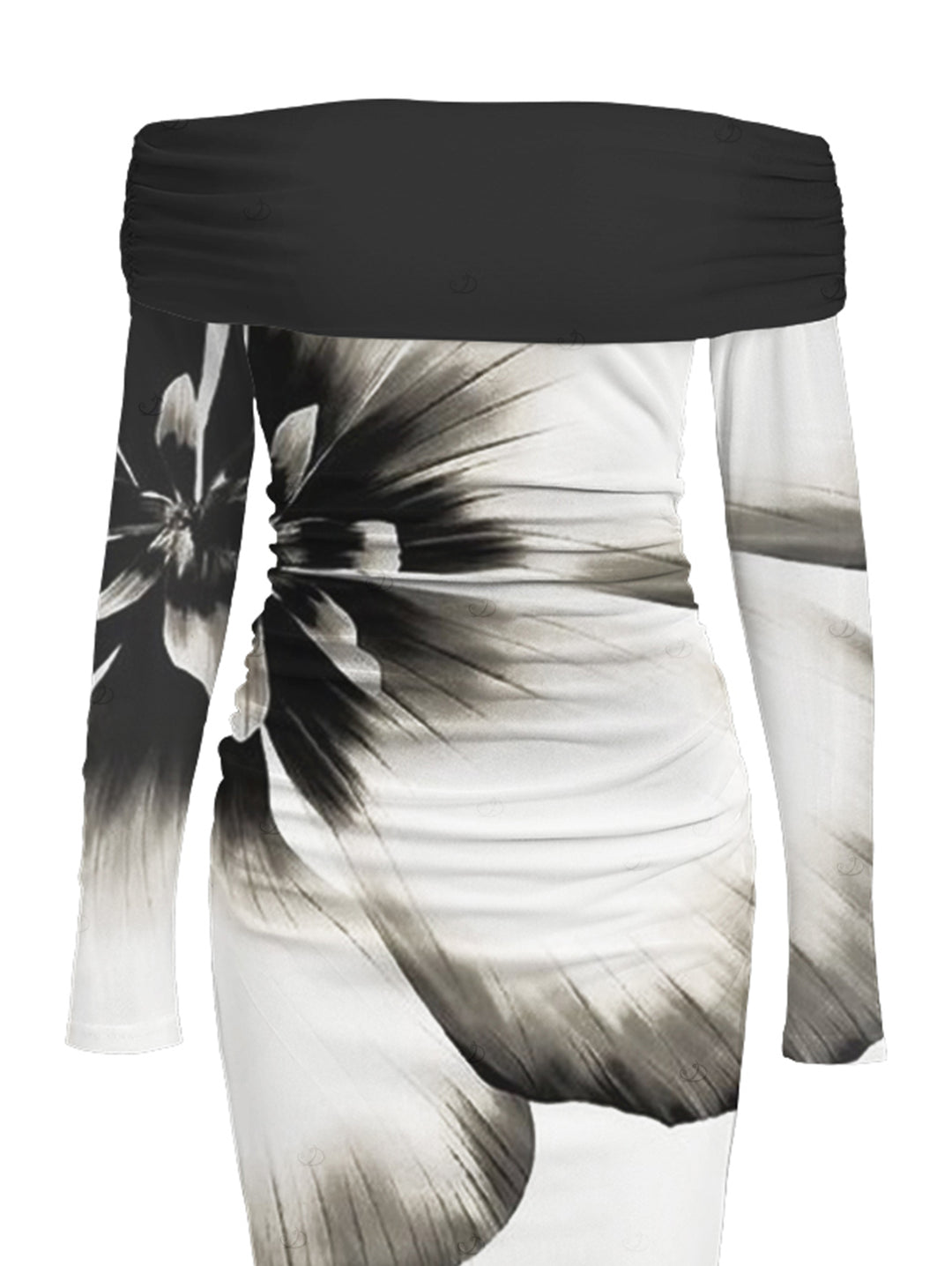 Ink Panting Floral Print Off the Shoulder Ruched Mesh Panel Bodycon Elegant Party Dress