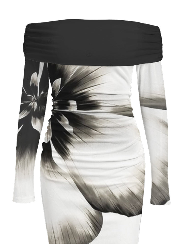 Ink Panting Floral Print Off the Shoulder Ruched Mesh Panel Bodycon Elegant Party Dress