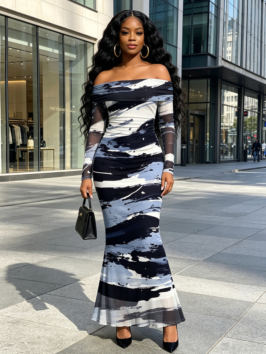 Artistic Ink Wash Brush Stroke Print Off the Shoulder Ruched Mesh Panel Bodycon Elegant Party Dress