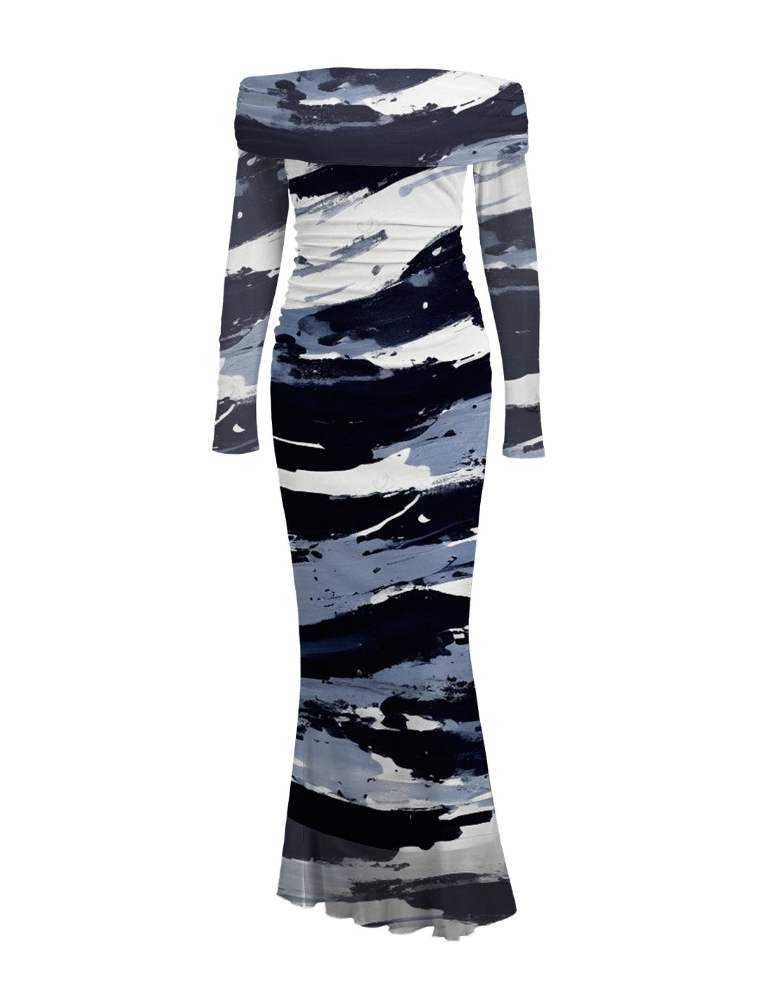 Artistic Ink Wash Brush Stroke Print Off the Shoulder Ruched Mesh Panel Bodycon Elegant Party Dress