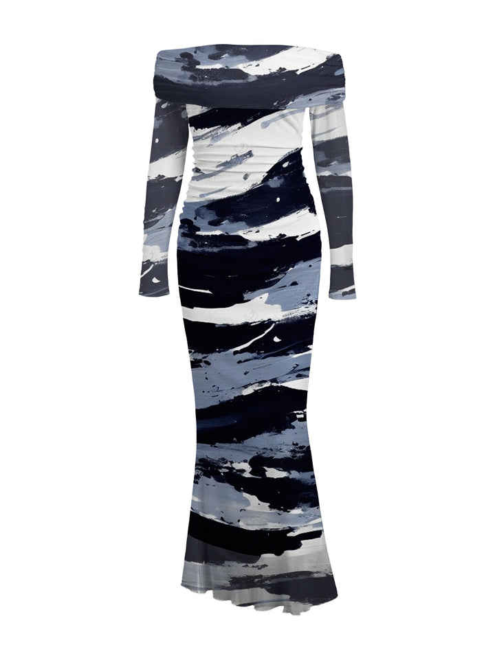 Artistic Ink Wash Brush Stroke Print Off the Shoulder Ruched Mesh Panel Bodycon Elegant Party Dress