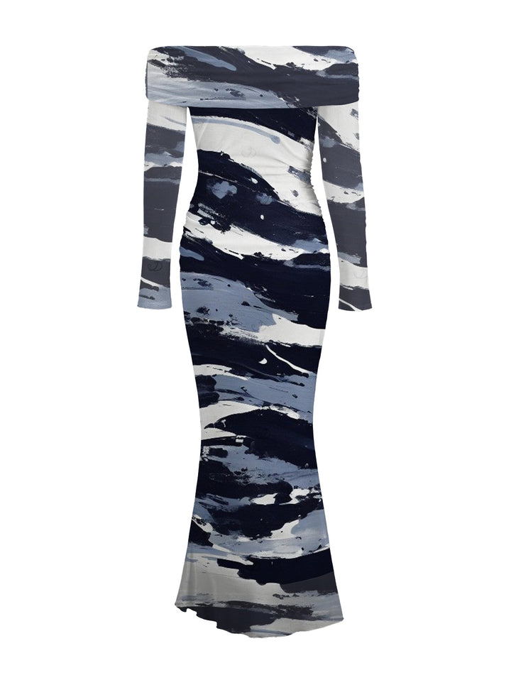 Artistic Ink Wash Brush Stroke Print Off the Shoulder Ruched Mesh Panel Bodycon Elegant Party Dress