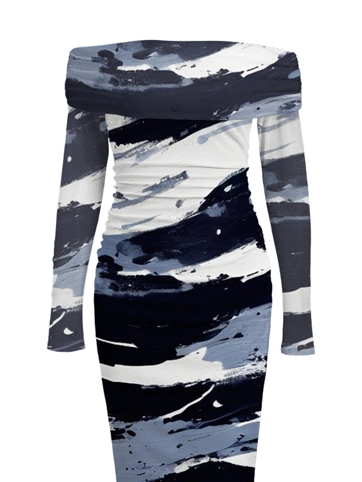 Artistic Ink Wash Brush Stroke Print Off the Shoulder Ruched Mesh Panel Bodycon Elegant Party Dress