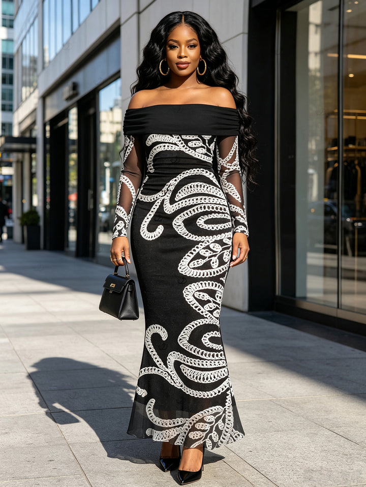 Vintage Crochet Hollow Out Pattern Off the Shoulder Ruched Mesh Panel Bodycon Elegant Party Dress