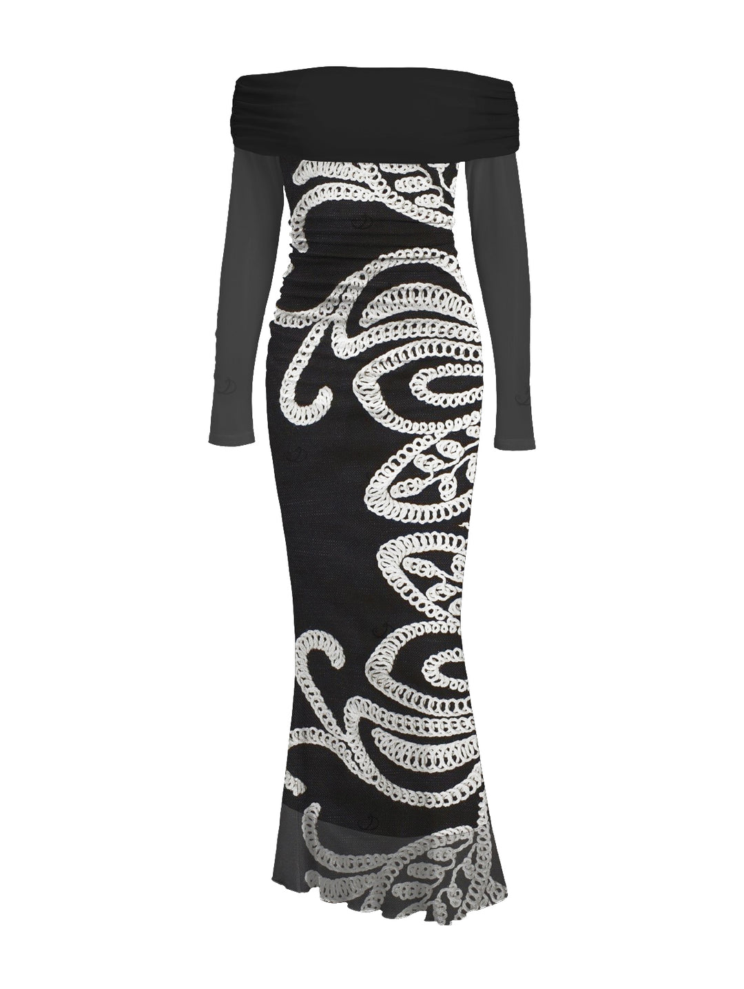 Vintage Crochet Hollow Out Pattern Off the Shoulder Ruched Mesh Panel Bodycon Elegant Party Dress