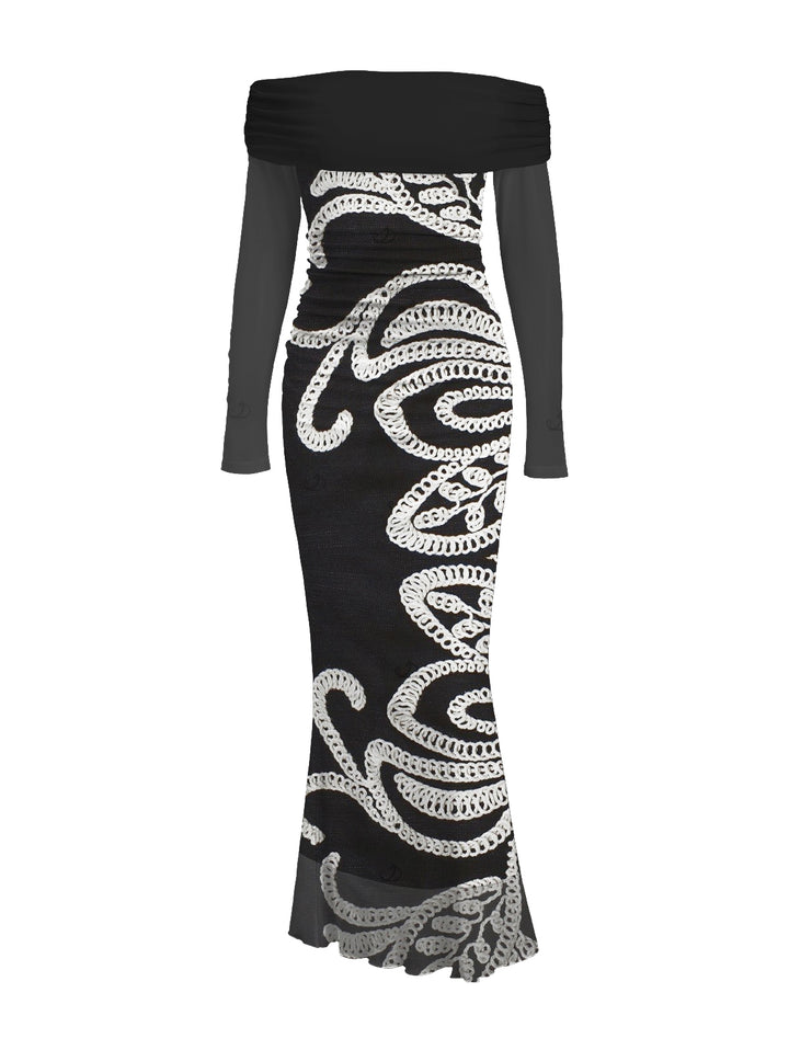Vintage Crochet Hollow Out Pattern Off the Shoulder Ruched Mesh Panel Bodycon Elegant Party Dress