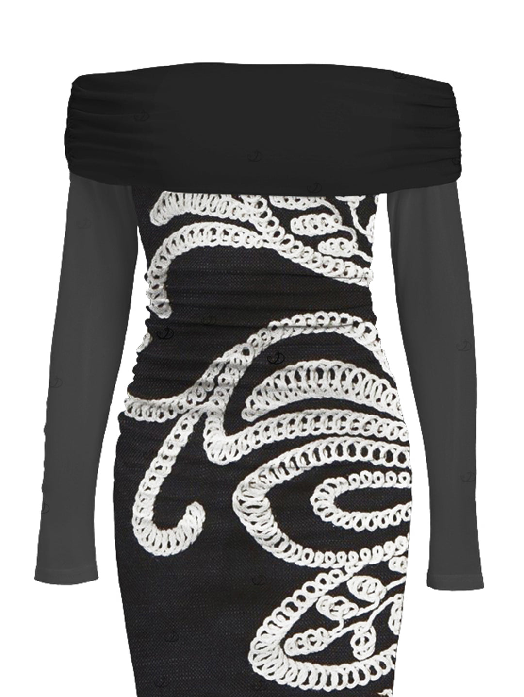Vintage Crochet Hollow Out Pattern Off the Shoulder Ruched Mesh Panel Bodycon Elegant Party Dress