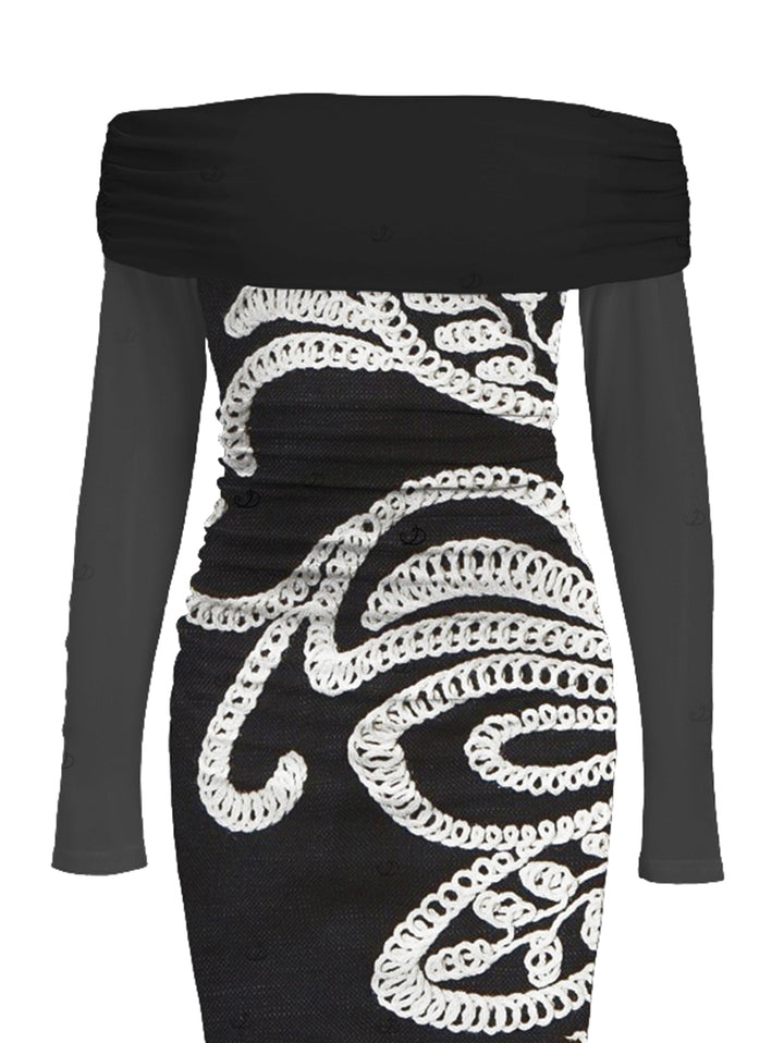 Vintage Crochet Hollow Out Pattern Off the Shoulder Ruched Mesh Panel Bodycon Elegant Party Dress