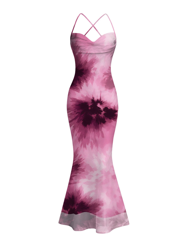 Tie Dye Crisscross Draped Mesh Panel Bodycon Elegant Party Dress