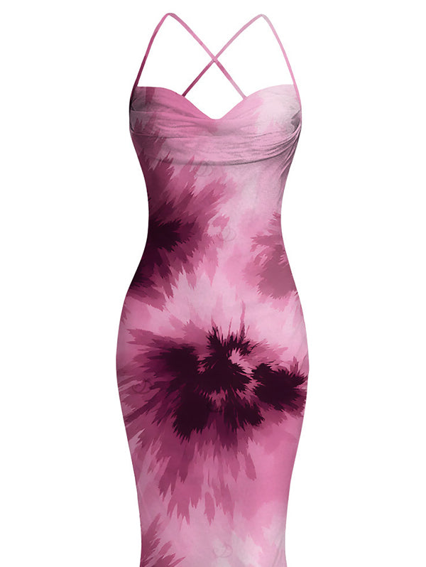 Tie Dye Crisscross Draped Mesh Panel Bodycon Elegant Party Dress