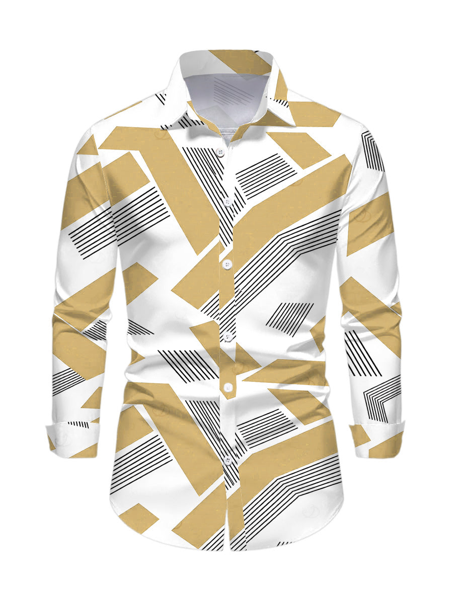 Men's Colorblock Geometric Striped Print Button Up Long Sleeve Shirt
