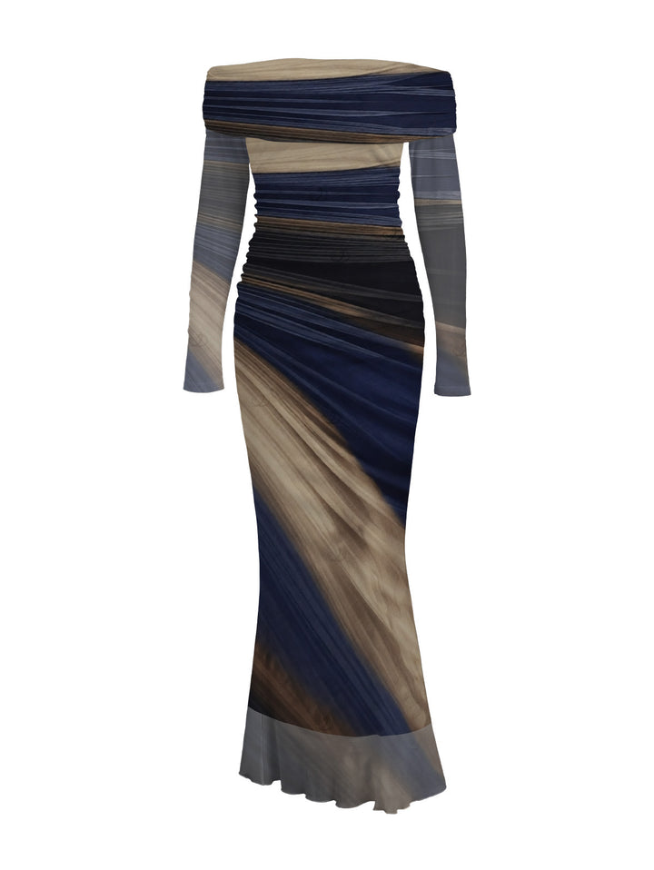 Tie Dye Print Off the Shoulder Ruched Mesh Panel Bodycon Elegant Party Dress