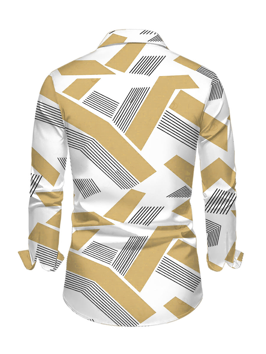 Men's Colorblock Geometric Striped Print Button Up Long Sleeve Shirt