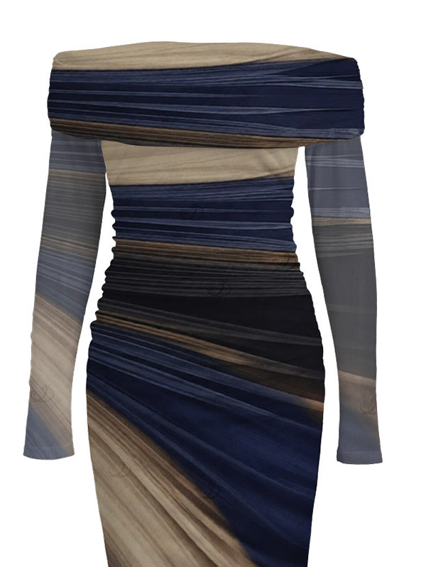Tie Dye Print Off the Shoulder Ruched Mesh Panel Bodycon Elegant Party Dress
