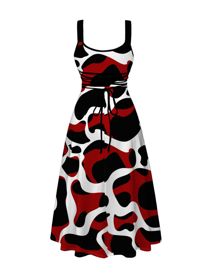 Colorblock Abstract Irregular Print Pockets Square Neck A Line Vacation Dress