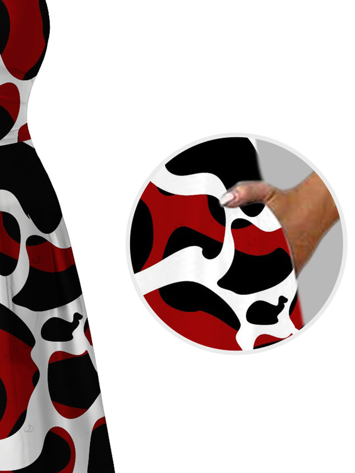 Colorblock Abstract Irregular Print Pockets Square Neck A Line Vacation Dress