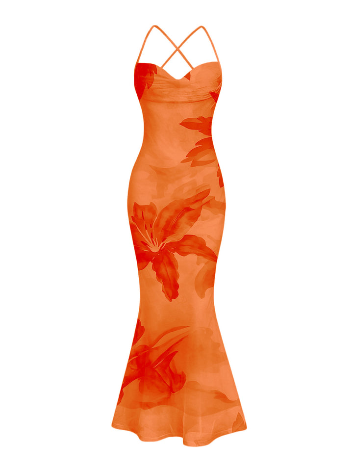 Lily Floral Print Crisscross Ruched Mesh Bodycon Hawaiian Vacation Dress