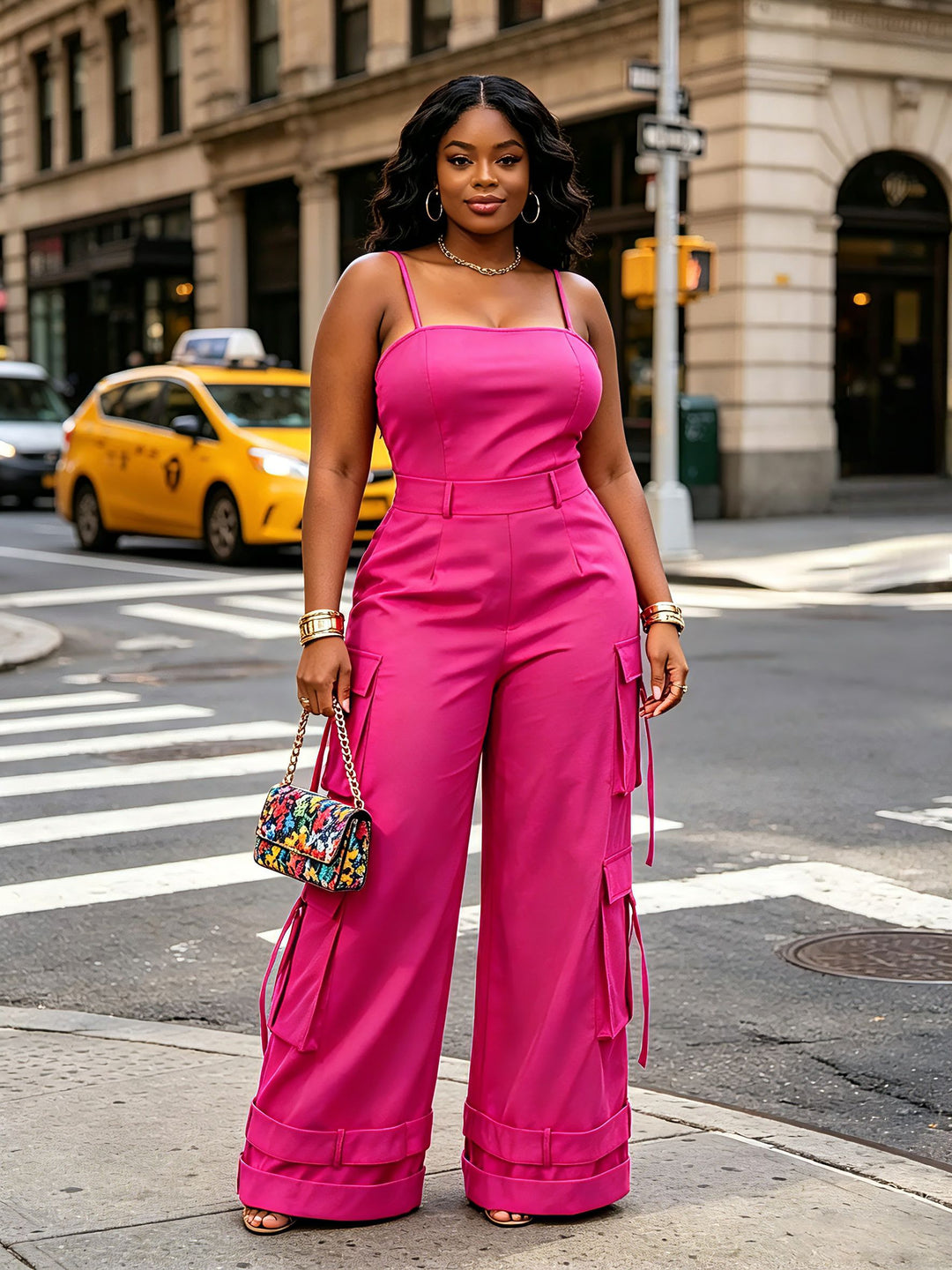 Solid Color Multi-pockets Spaghetti Strap Casual Cargo Jumpsuit