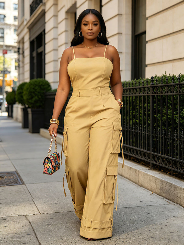 Solid Color Multi-pockets Spaghetti Strap Casual Cargo Jumpsuit