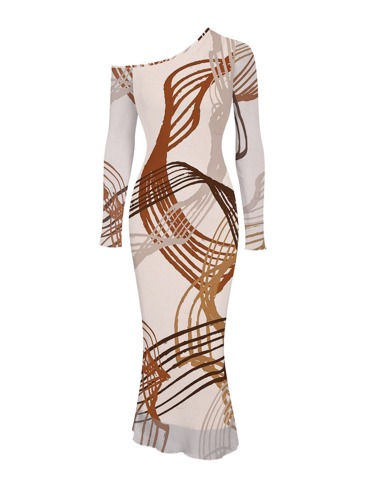 Abstract Line Print Mesh Panel Skew Neck Long Sleeve Bodycon Vintage Party Dress