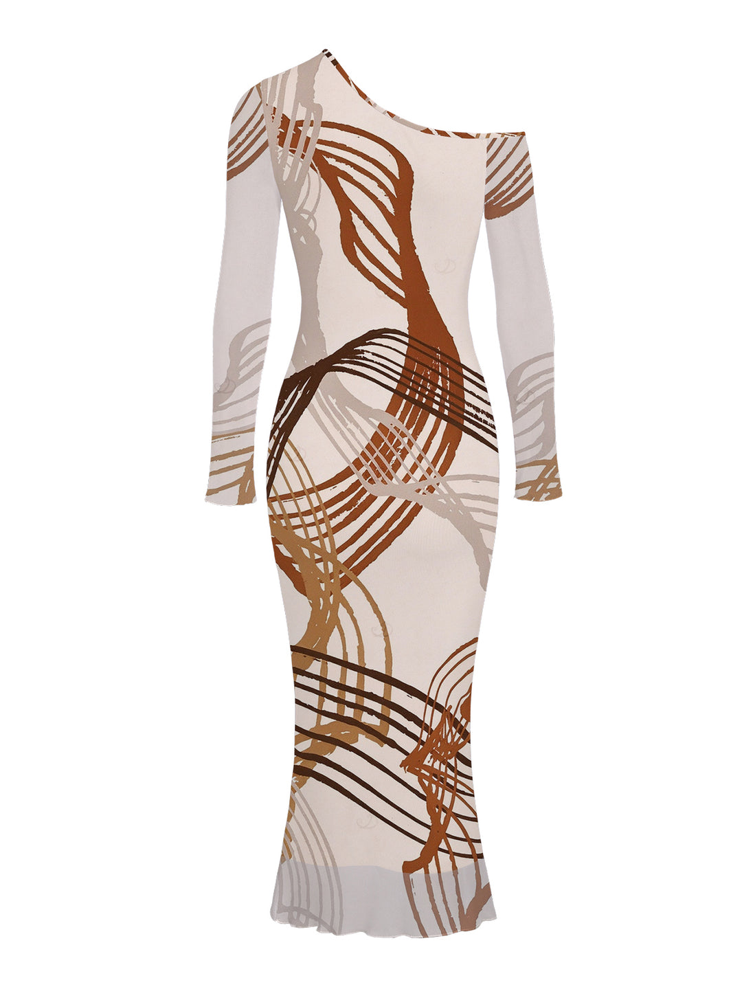 Abstract Line Print Mesh Panel Skew Neck Long Sleeve Bodycon Vintage Party Dress