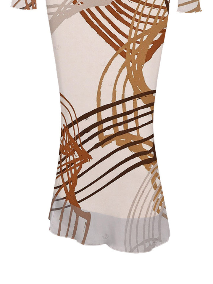 Abstract Line Print Mesh Panel Skew Neck Long Sleeve Bodycon Vintage Party Dress