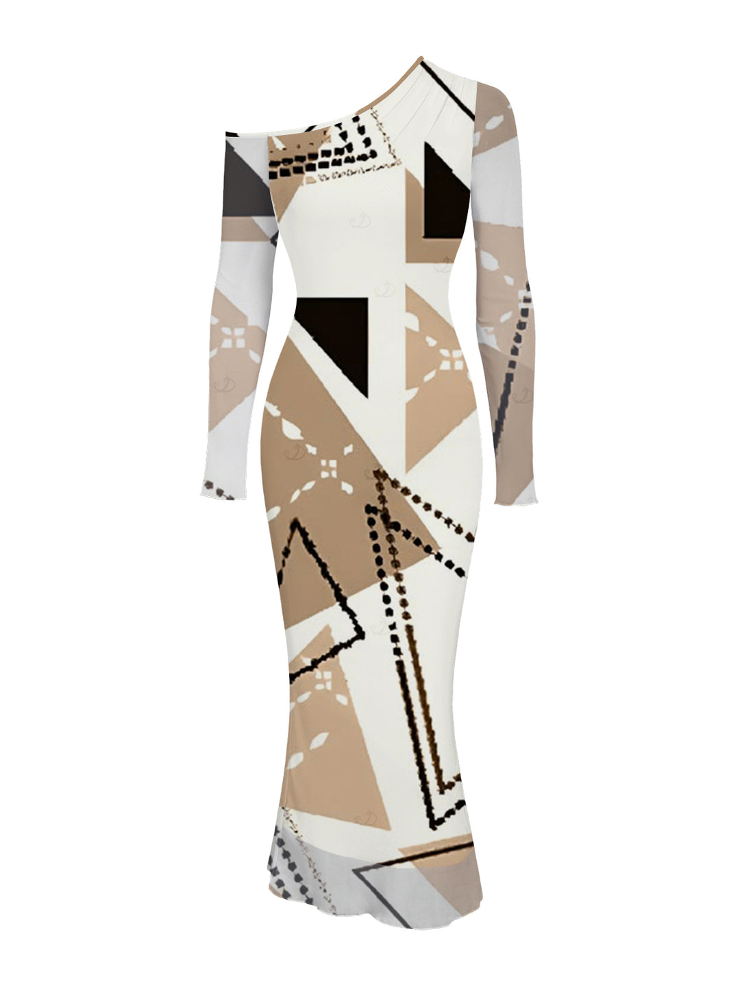 Colorblock Geometric Print Mesh Panel Skew Neck Bodycon Elegant Party Dress