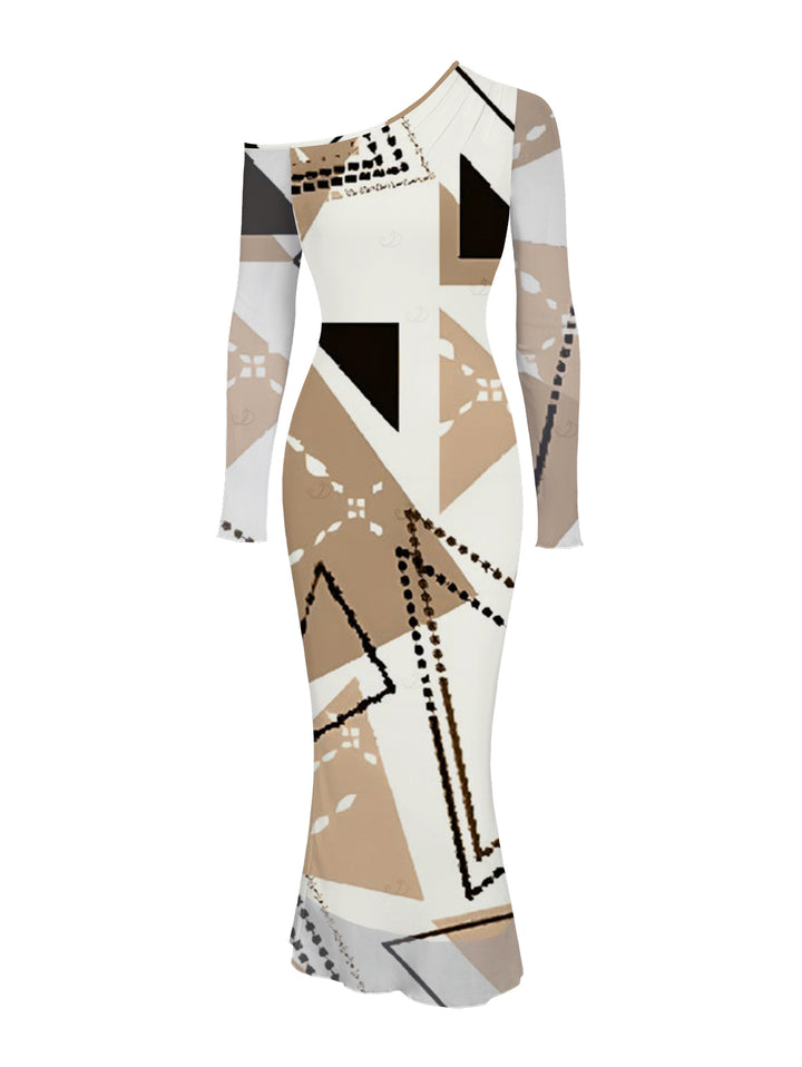 Colorblock Geometric Print Mesh Panel Skew Neck Bodycon Elegant Party Dress