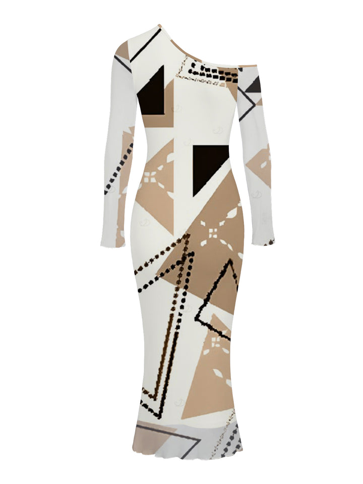 Colorblock Geometric Print Mesh Panel Skew Neck Bodycon Elegant Party Dress