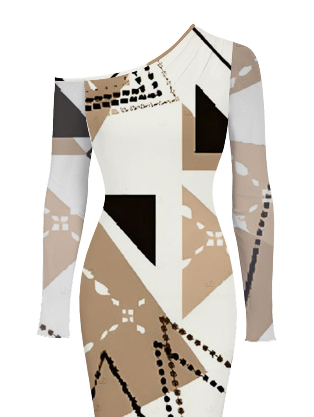 Colorblock Geometric Print Mesh Panel Skew Neck Bodycon Elegant Party Dress