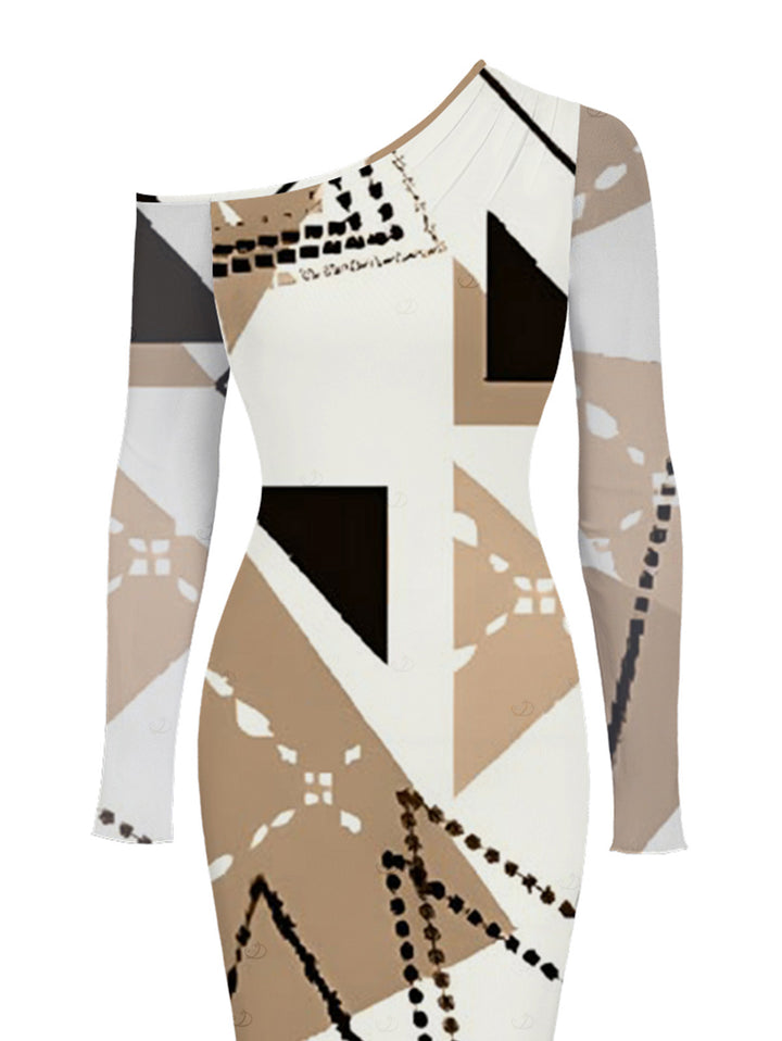 Colorblock Geometric Print Mesh Panel Skew Neck Bodycon Elegant Party Dress
