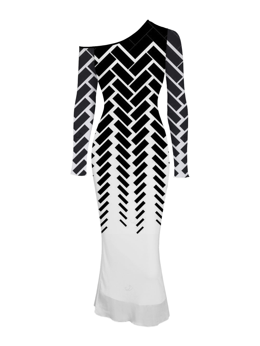 Monochrome Herringbone Geometric Print Mesh Panel Skew Neck Bodycon Elegant Party Dress