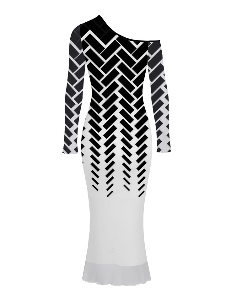Monochrome Herringbone Geometric Print Mesh Panel Skew Neck Bodycon Elegant Party Dress