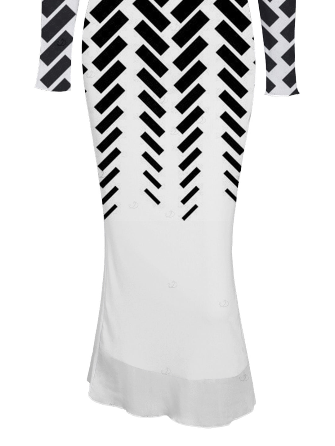 Monochrome Herringbone Geometric Print Mesh Panel Skew Neck Bodycon Elegant Party Dress