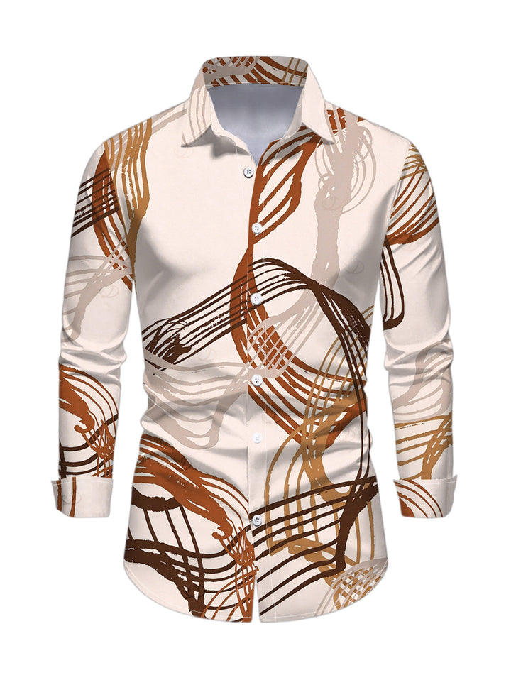 Men's Abstract Line Print Button Up Long Sleeve Vintage Shirt
