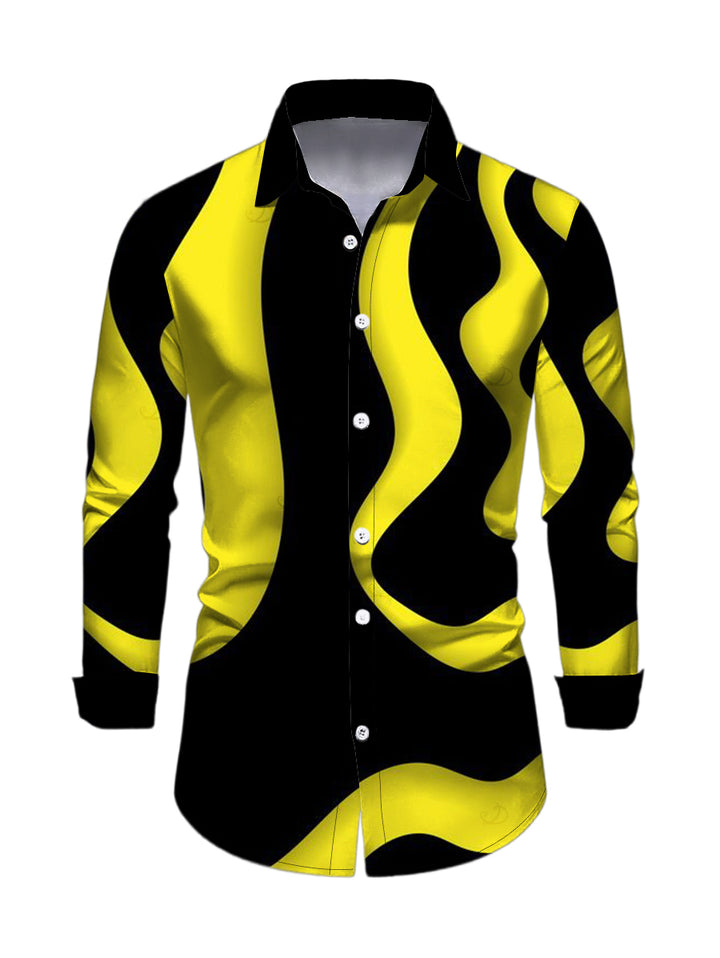 Men's Contrast Color Wave Curve Print Button Up Long Sleeve Shirt