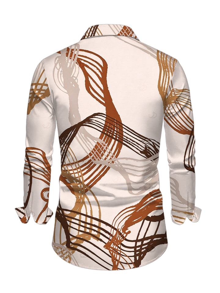Men's Abstract Line Print Button Up Long Sleeve Vintage Shirt