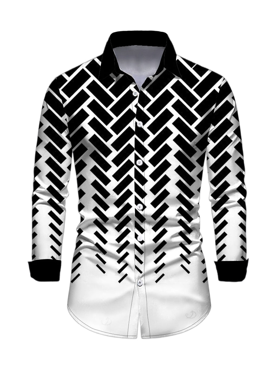 Men's Monochrome Herringbone Geometric Print Button Up Long Sleeve Shirt