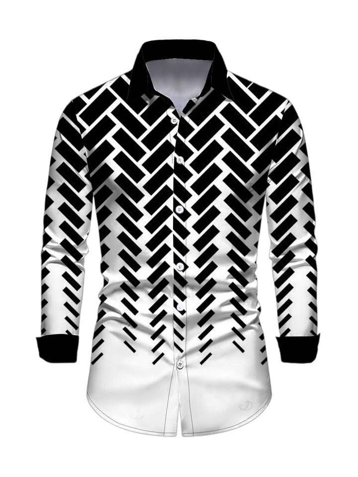 Men's Monochrome Herringbone Geometric Print Button Up Long Sleeve Shirt