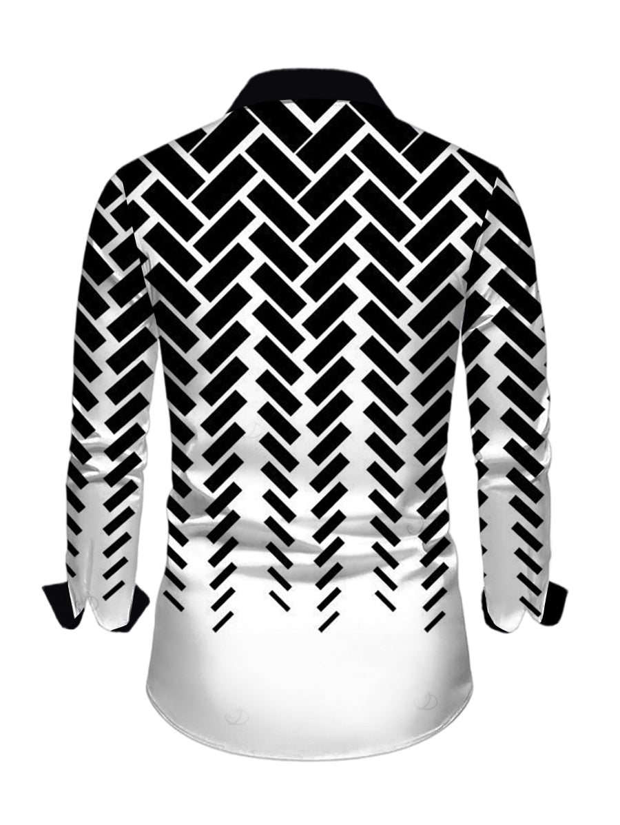 Men's Monochrome Herringbone Geometric Print Button Up Long Sleeve Shirt