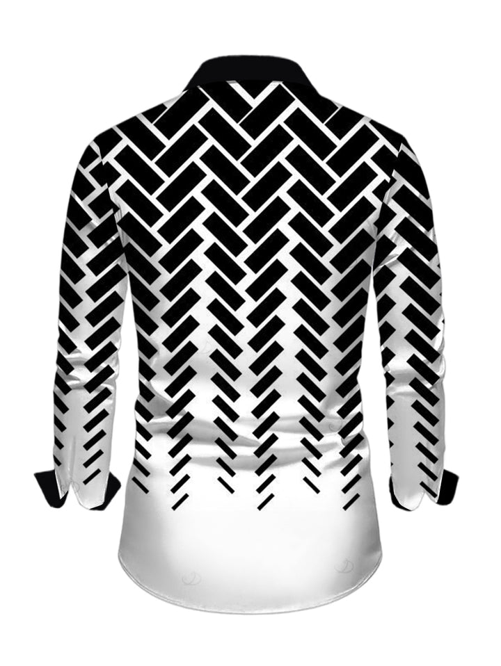 Men's Monochrome Herringbone Geometric Print Button Up Long Sleeve Shirt