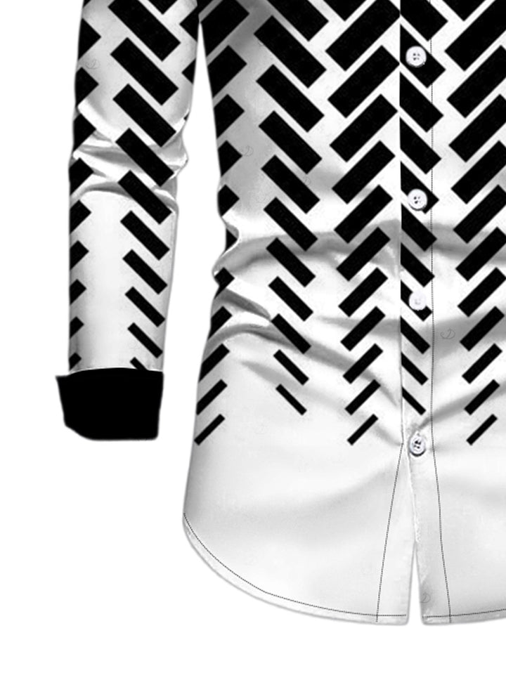 Men's Monochrome Herringbone Geometric Print Button Up Long Sleeve Shirt
