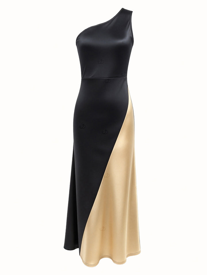 Contrast Color One Shoulder Satin Elegant Evening Dress